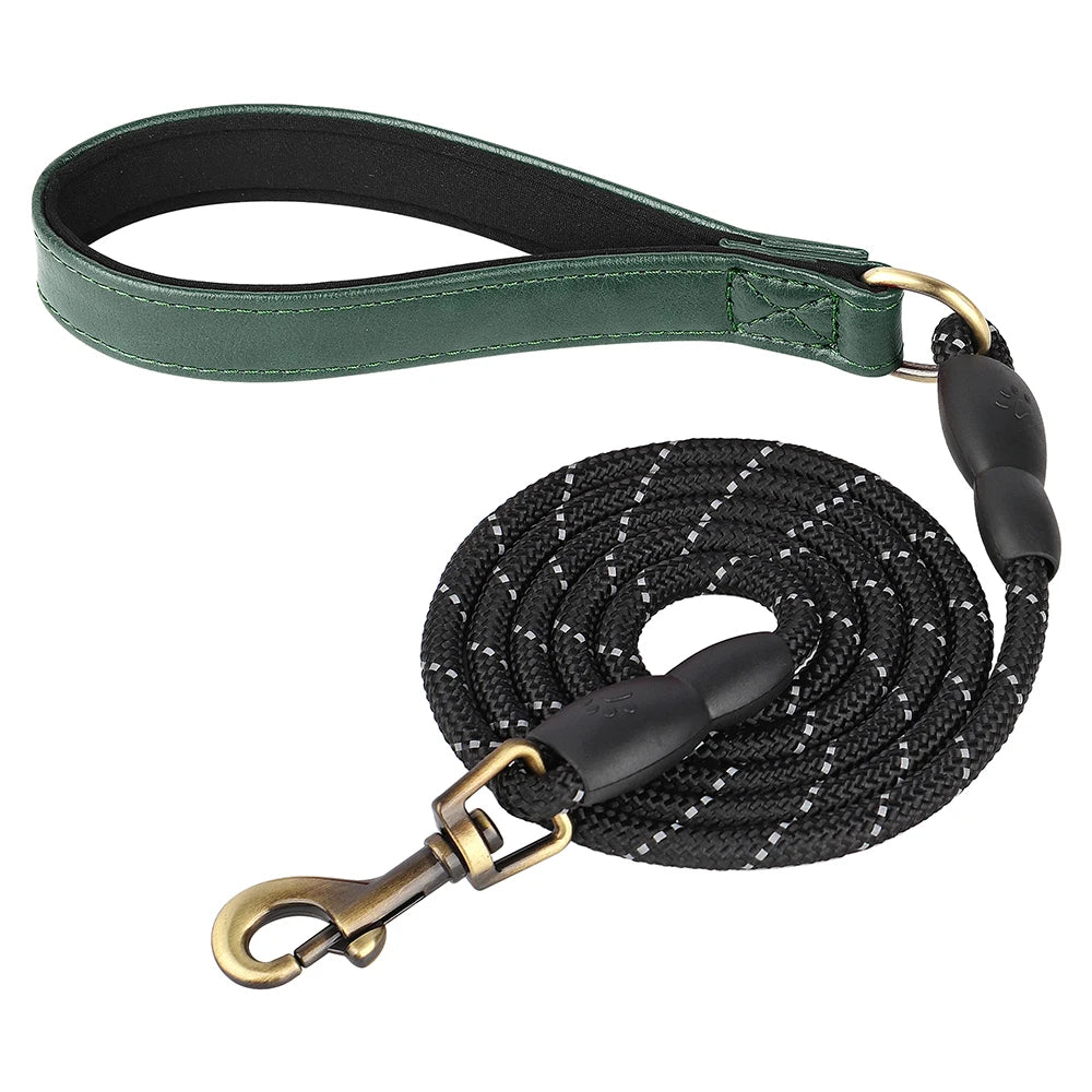 Reflective PU Leather Dog Leash Nylon Training Lead
