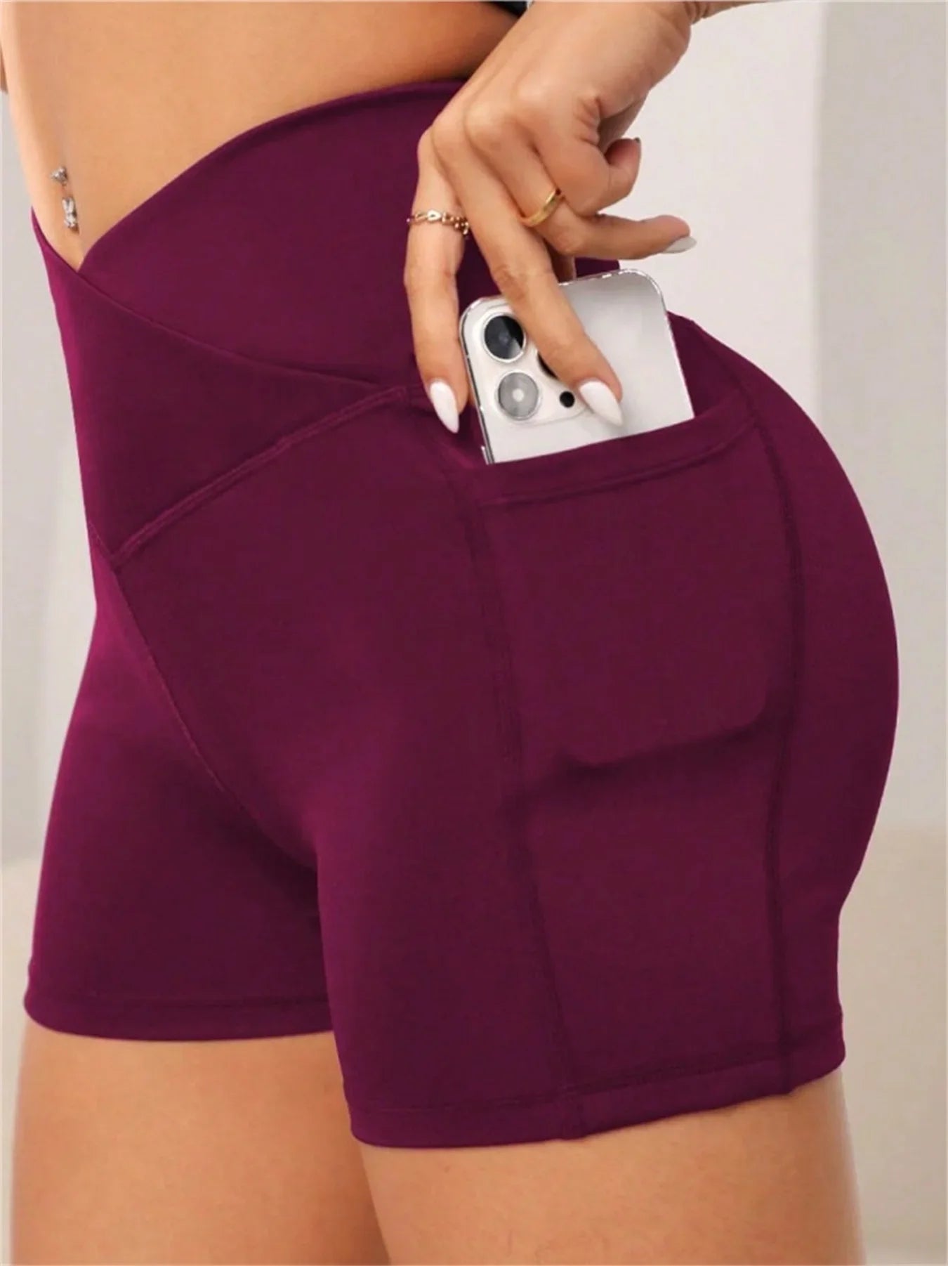 CN Womens High Cross Waist Biker Shorts With Pockets Yoga