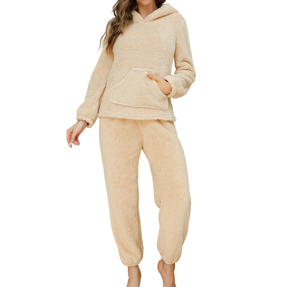 CN Guangdong Women's Flannel Pajama Set Hooded Fleece Loungewear