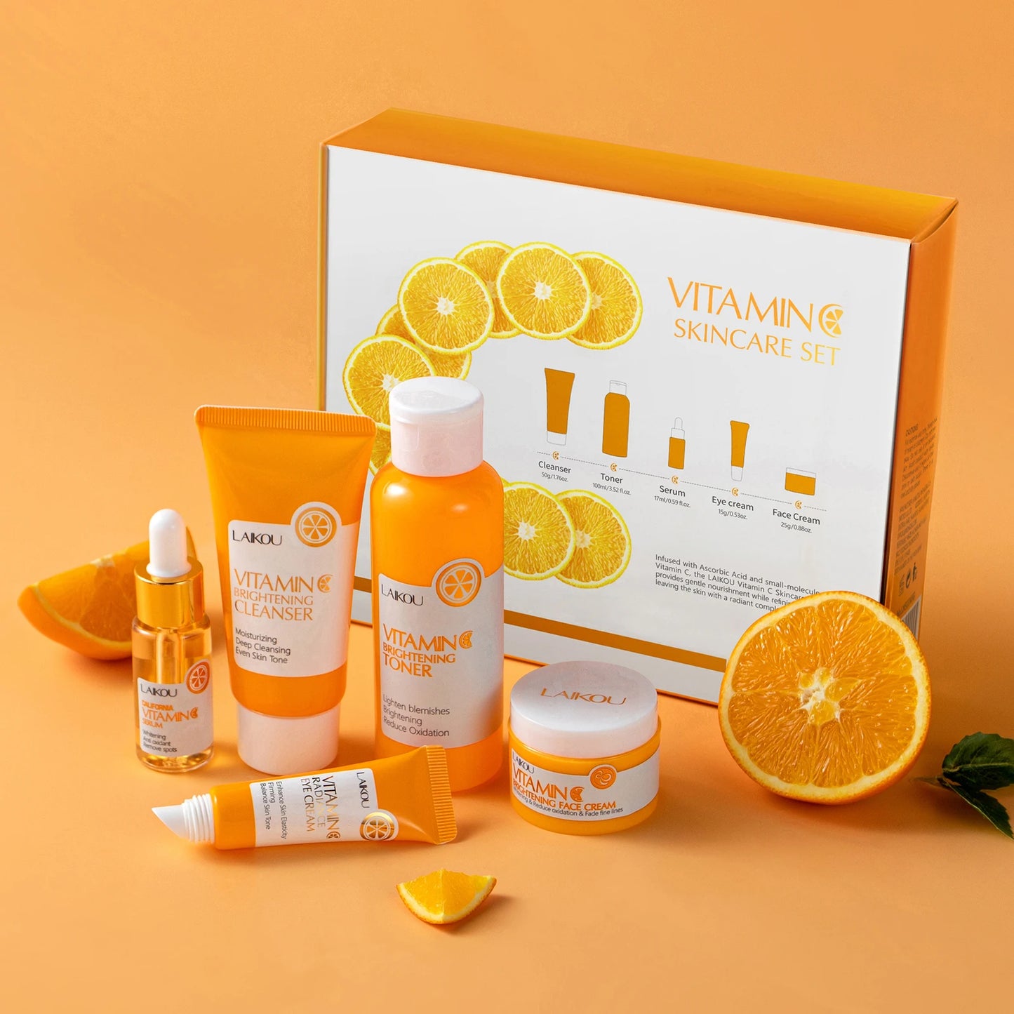 LAIKOU Vitamin C Skincare Set 5Pcs Kit Brightening Even Skin Tone Anti Wrinkle Cleanser Toner Serum Eye Cream