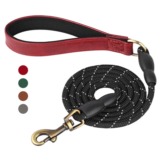 Reflective PU Leather Dog Leash Nylon Training Lead
