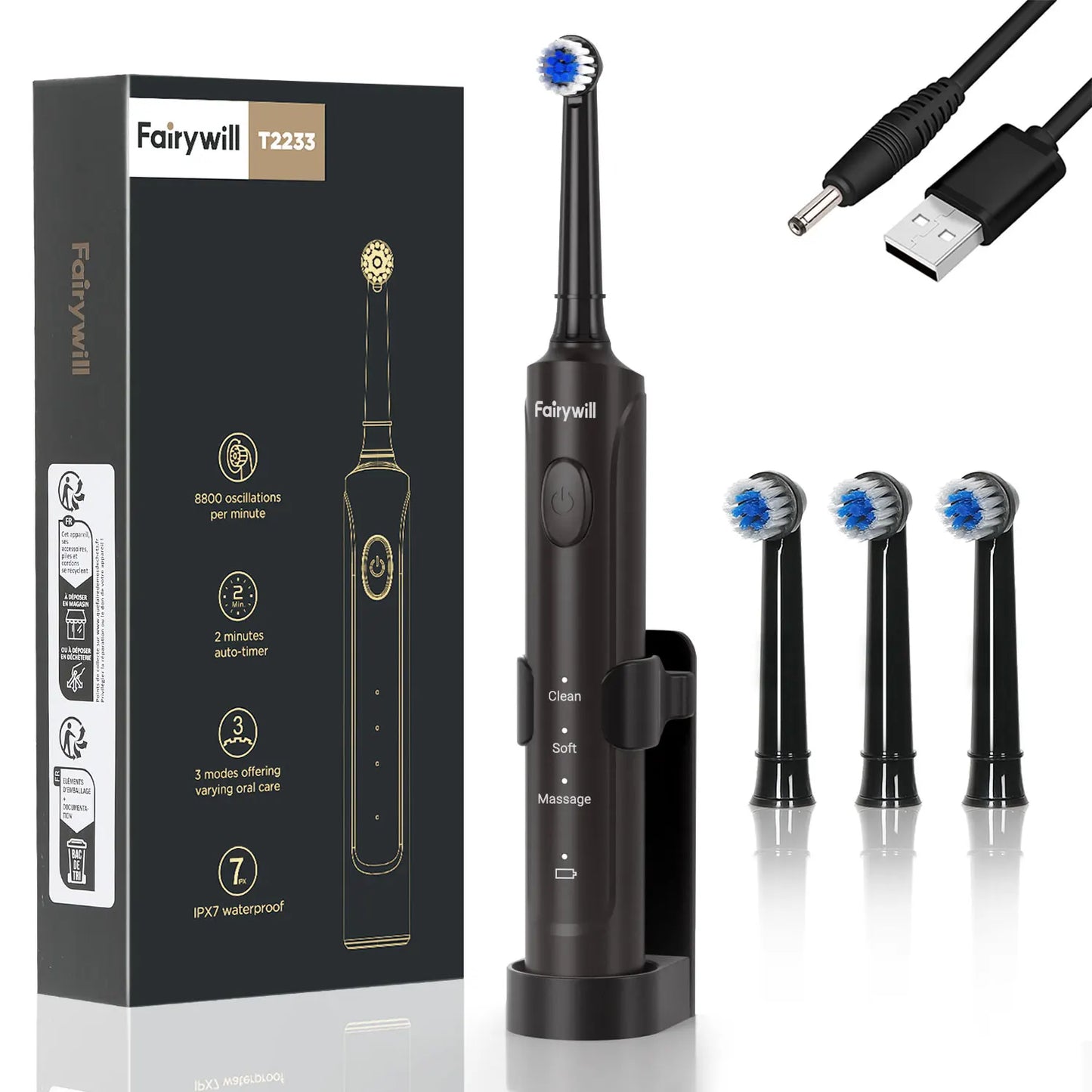 Fairywill T2233 Rechargeable Sonic Toothbrush Powerful Rotation Cleaning for Adults