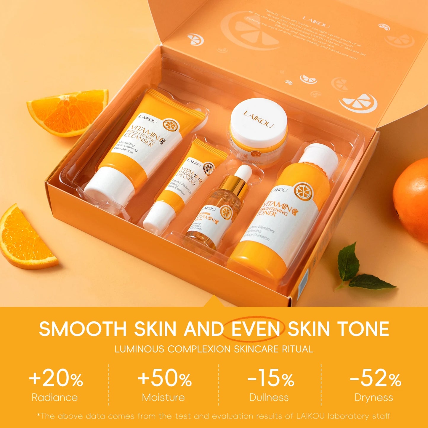 LAIKOU Vitamin C Skincare Set 5Pcs Kit Brightening Even Skin Tone Anti Wrinkle Cleanser Toner Serum Eye Cream