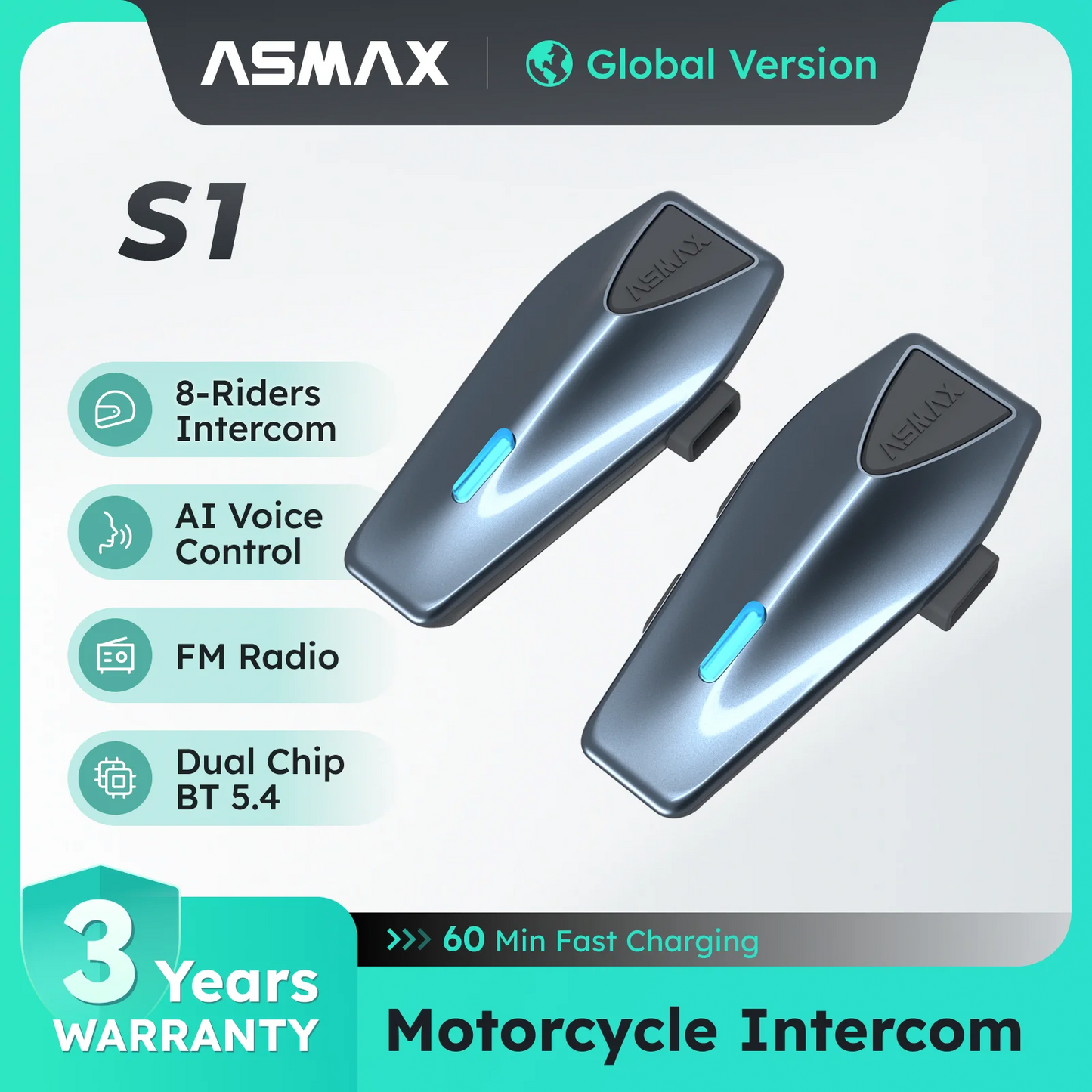 ASMAX S1 Motorcycle Intercom Bluetooth Helmet Headset