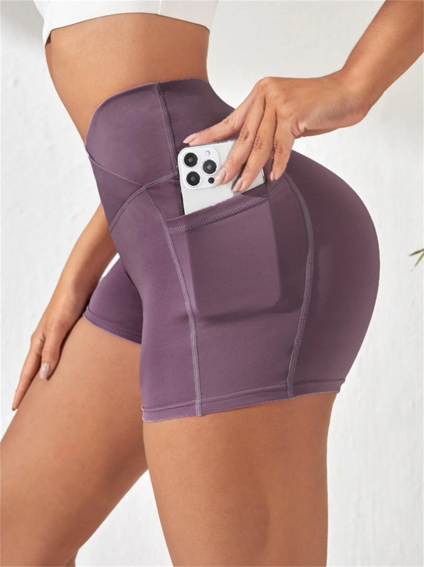 CN Womens High Cross Waist Biker Shorts With Pockets Yoga