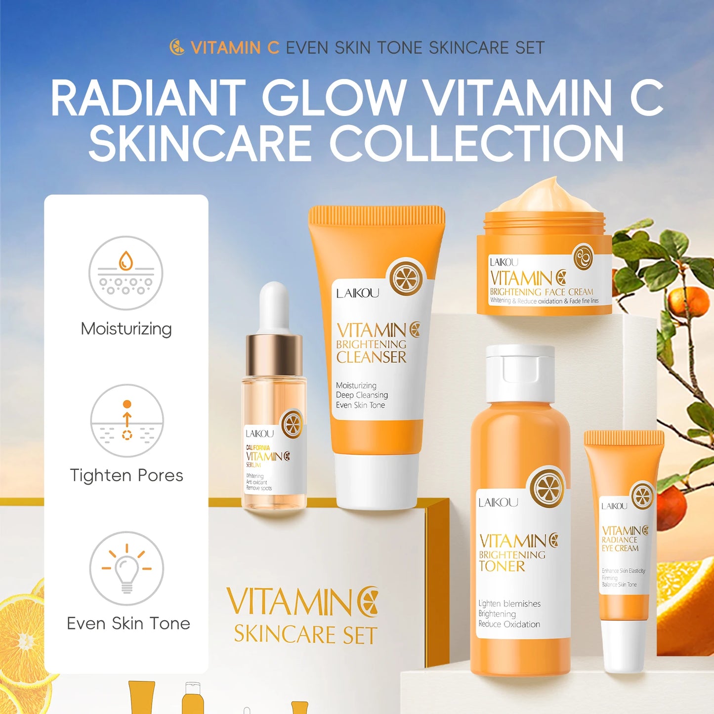 LAIKOU Vitamin C Skincare Set 5Pcs Kit Brightening Even Skin Tone Anti Wrinkle Cleanser Toner Serum Eye Cream