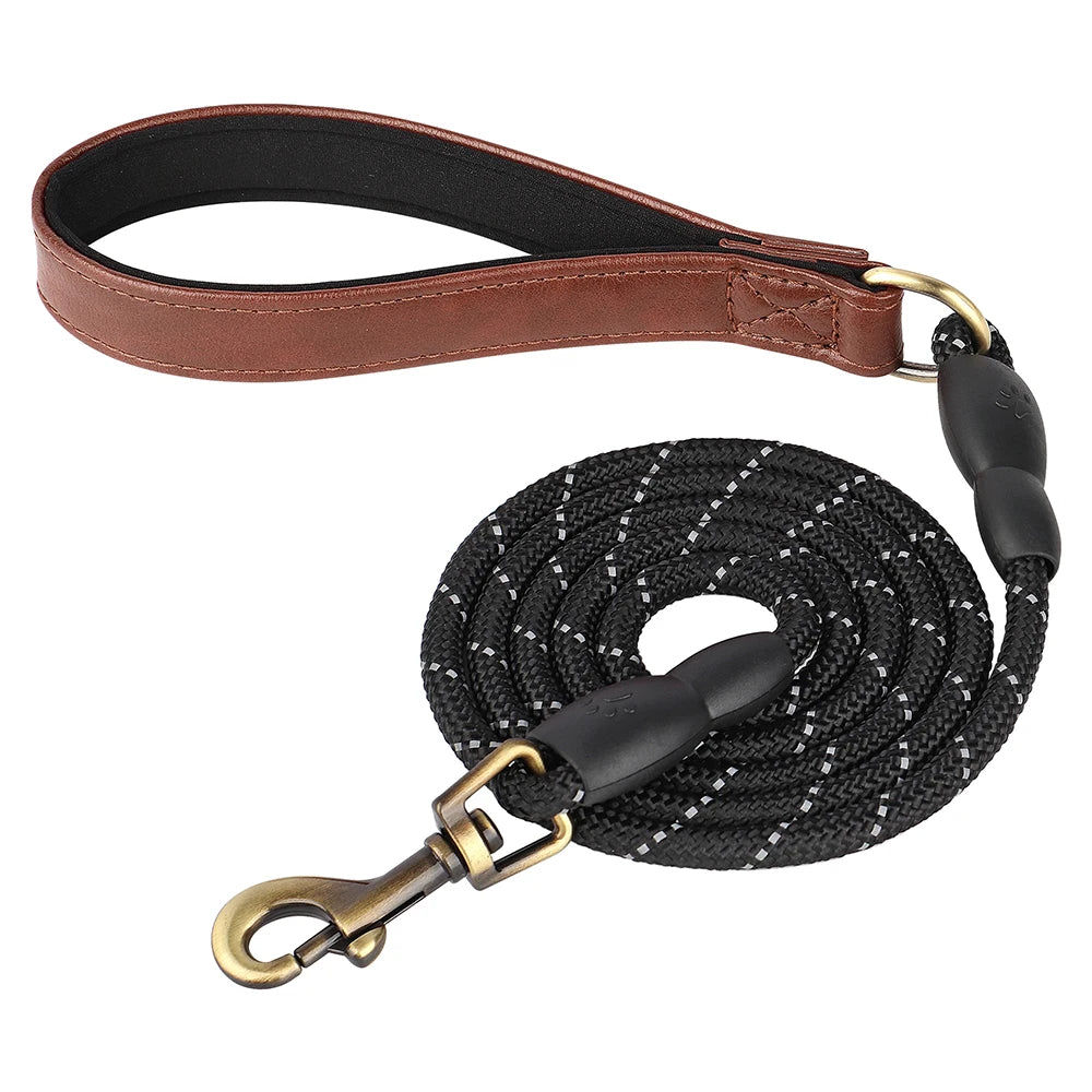Reflective PU Leather Dog Leash Nylon Training Lead