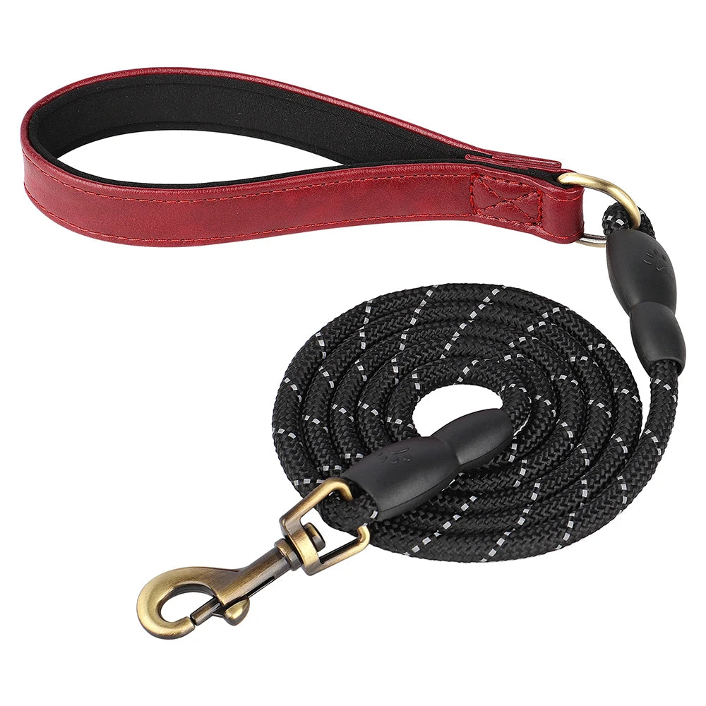 Reflective PU Leather Dog Leash Nylon Training Lead