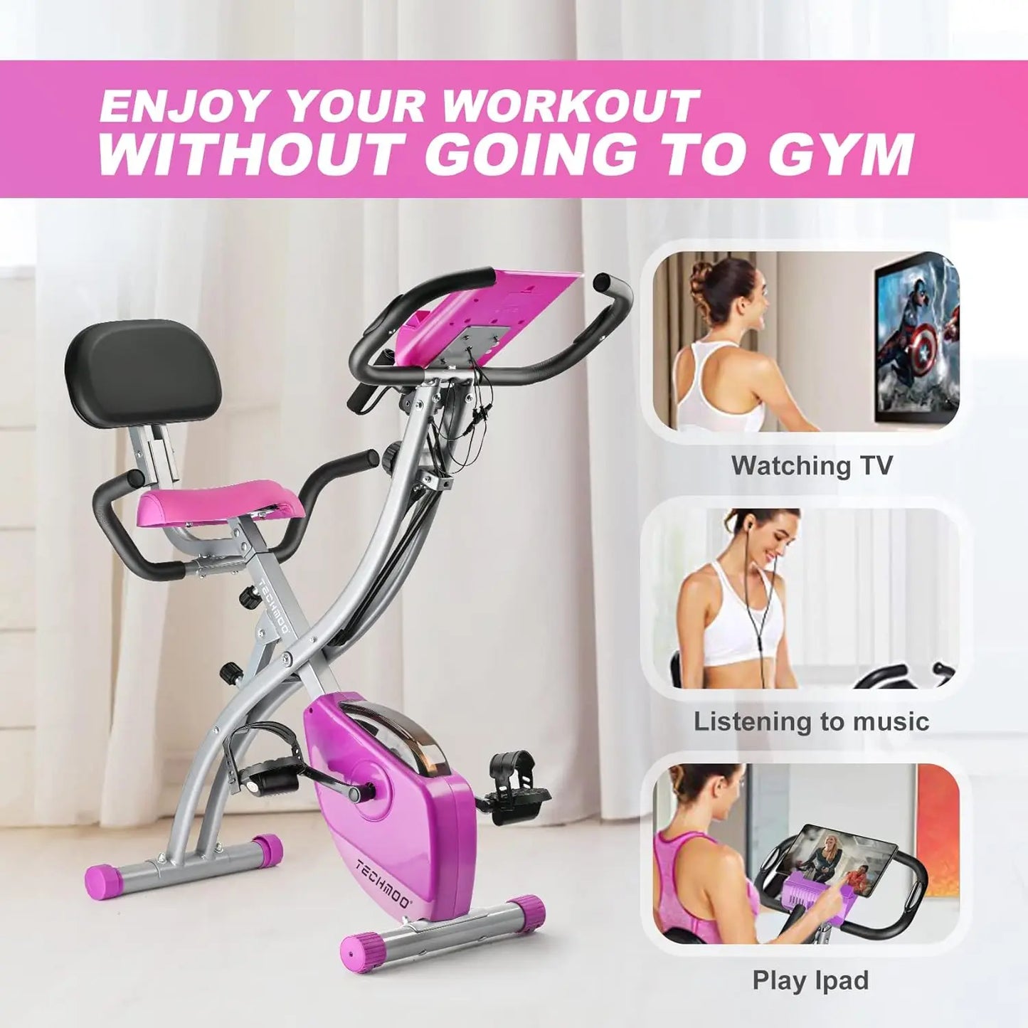 Folding Exercise Bike Portable Upright Recumbent With Adjustable Backrest For Indoor Cardio Fitness