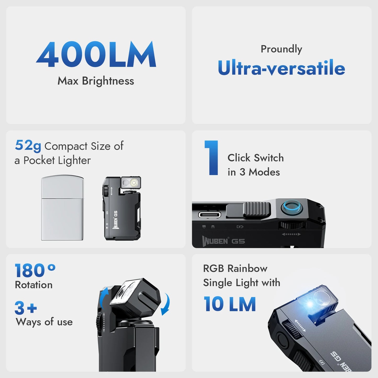 WUBEN G5 Rechargeable EDC Flashlight Dual Light Sources RGB