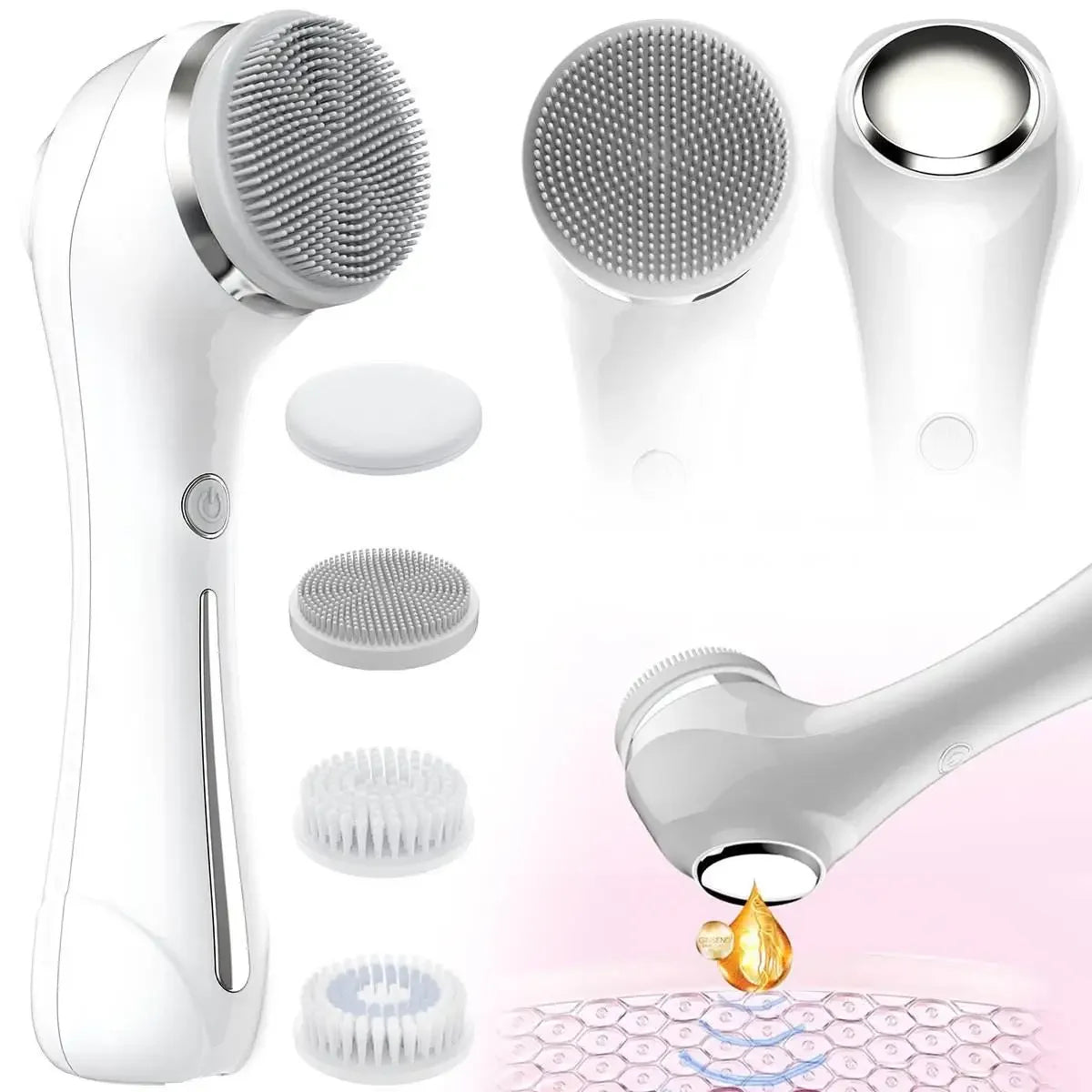 AUKYGGUS Sonic Face Scrubber Facial Cleansing Brush With 5 Interchangeable Heads IPX7 Waterproof Wireless Rechargeable