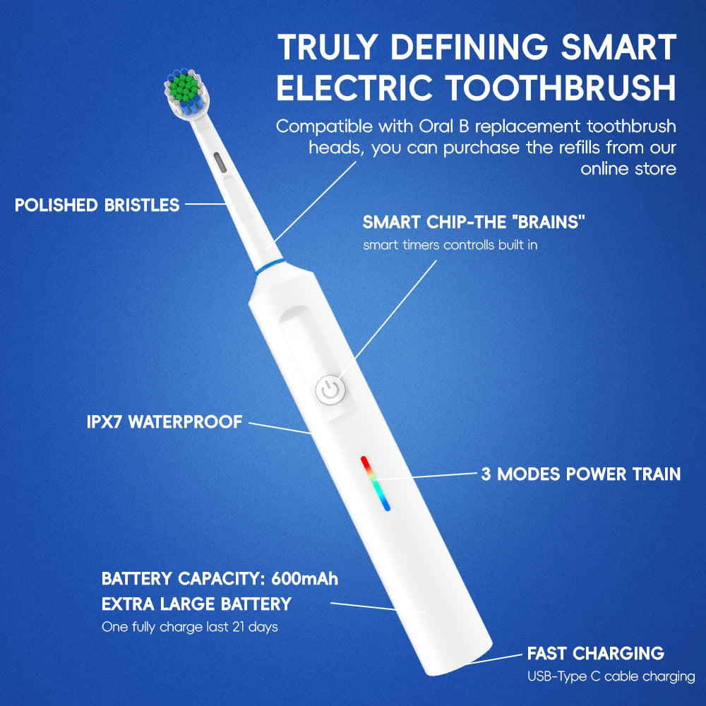 Bristle Smart Rotating Electric Toothbrush With Rounded Head Rechargeable System