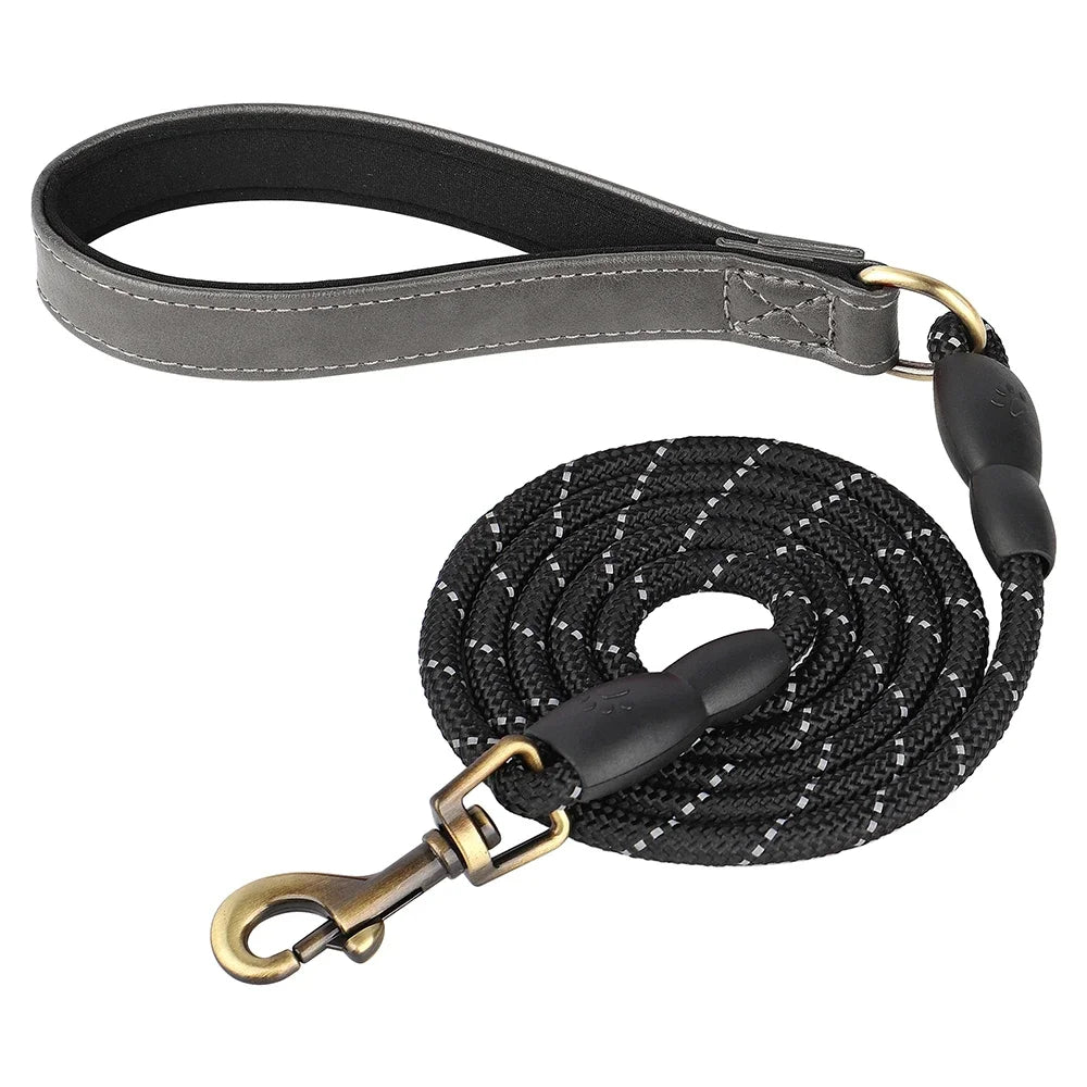 Reflective PU Leather Dog Leash Nylon Training Lead
