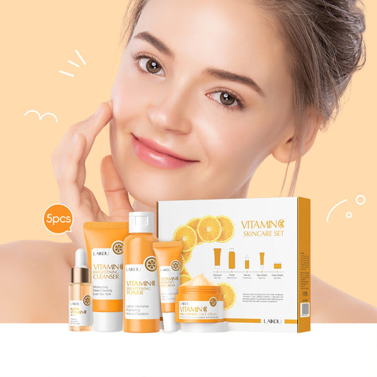 LAIKOU Vitamin C Skincare Set 5Pcs Kit Brightening Even Skin Tone Anti Wrinkle Cleanser Toner Serum Eye Cream