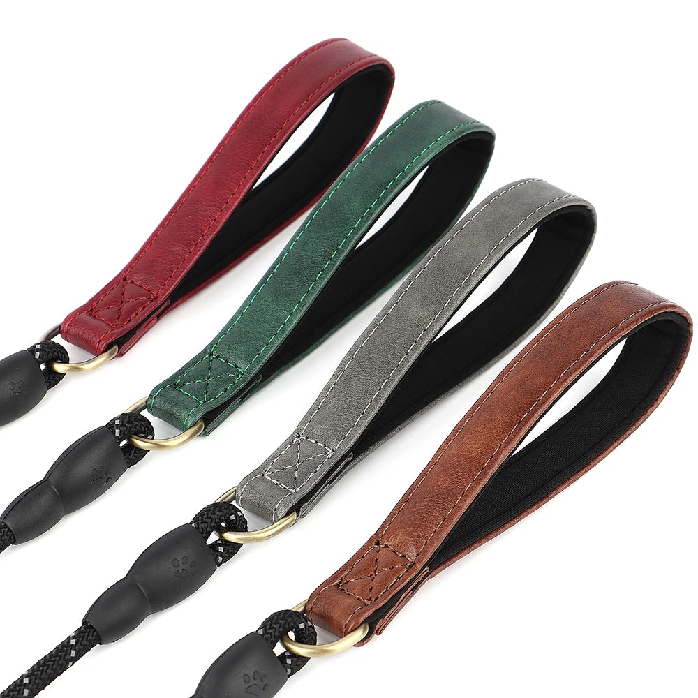 Reflective PU Leather Dog Leash Nylon Training Lead